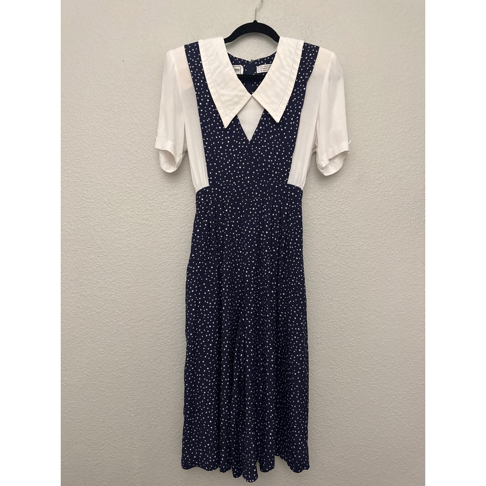 VTG Karin Stevens Petites 8 Navy Blue Heart Print Wide Leg Faux Layered Jumpsuit
